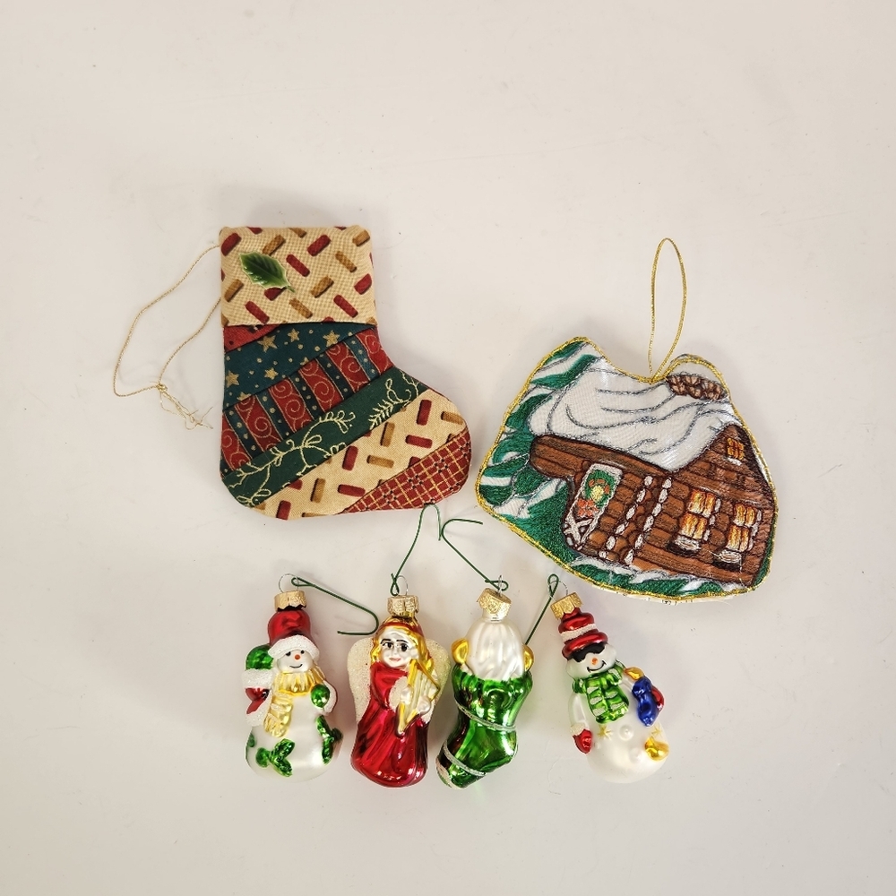 Miniature Glass Christmas Tree Ornaments Gingerbread House Eclectic Holiday Lot
